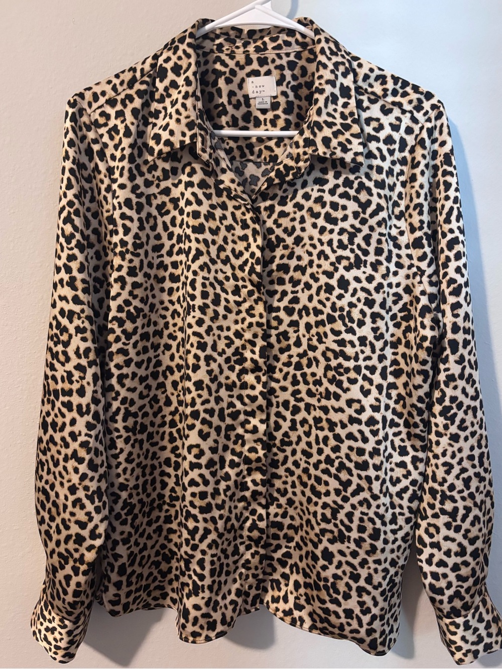 a new day Leopard Print Button-Down Silky Shirt Top Cream and Black
